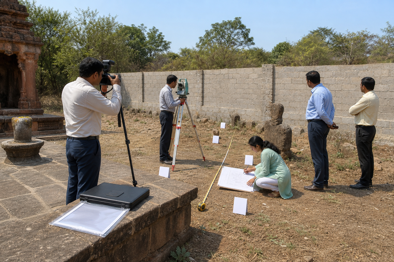Trustees, a surveyor, and civil officials document a new wall near temple boundary stones using photographs, measurements, and a site plan.
