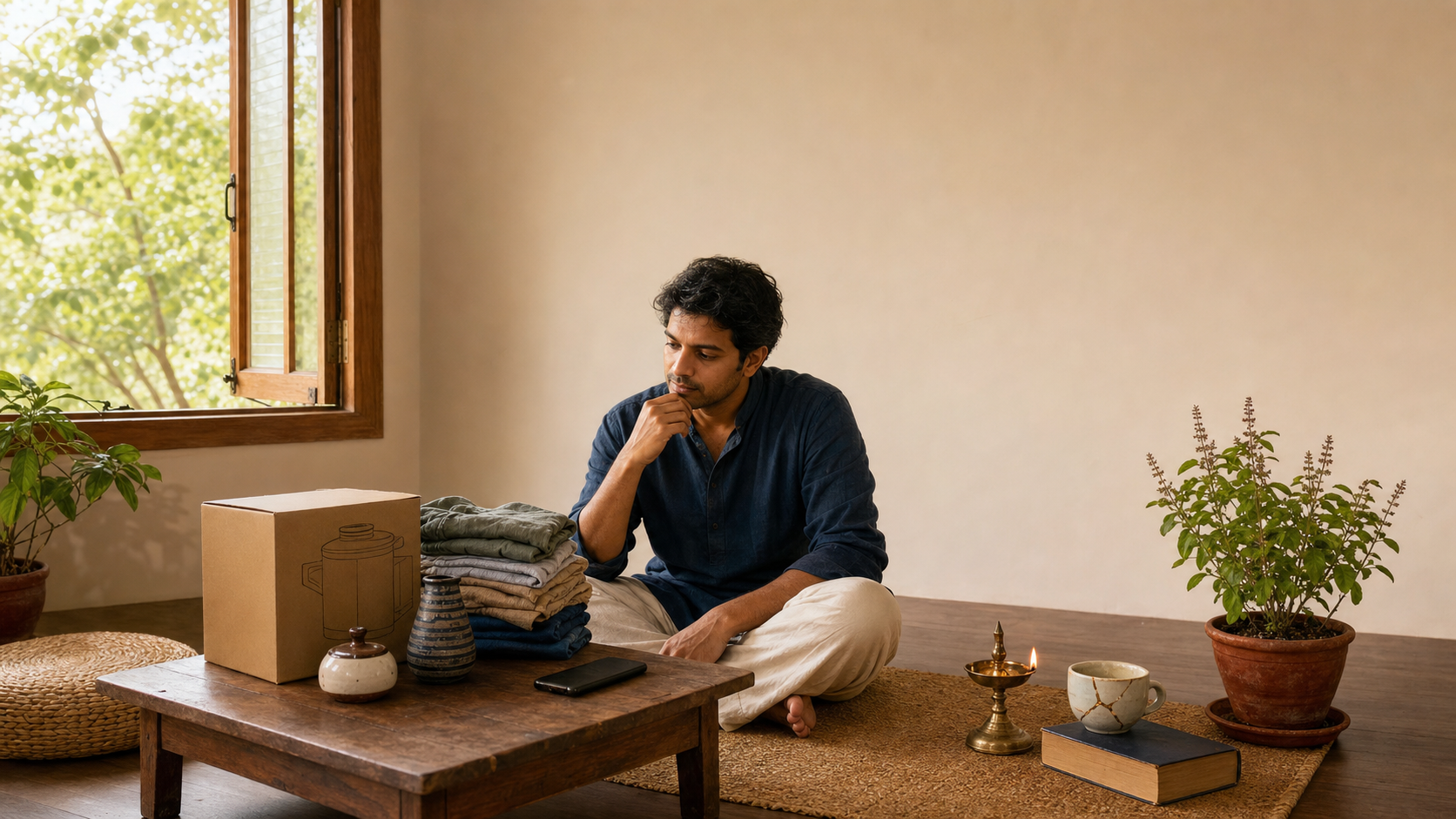 A person in a contemporary Indian home pauses beside potential purchases while familiar books, a plant, a lamp, and a repaired cup sit in morning light.