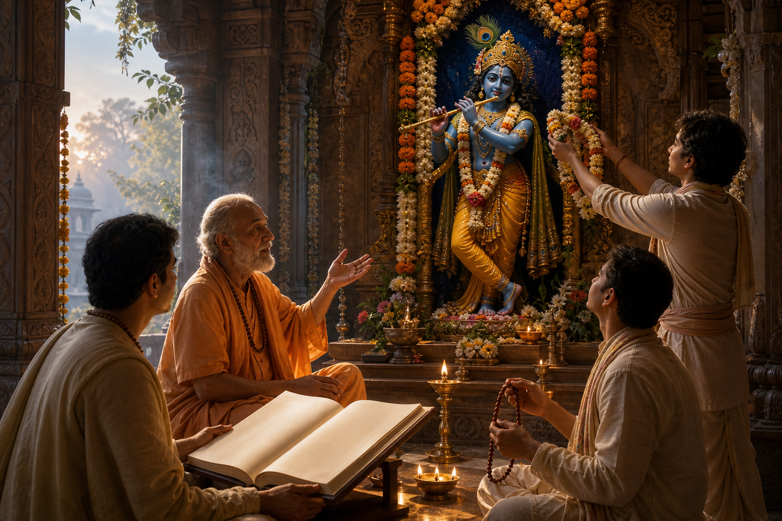 Devotees read scripture, receive guidance, chant with prayer beads, and offer flowers before a garlanded Krishna shrine at dawn.