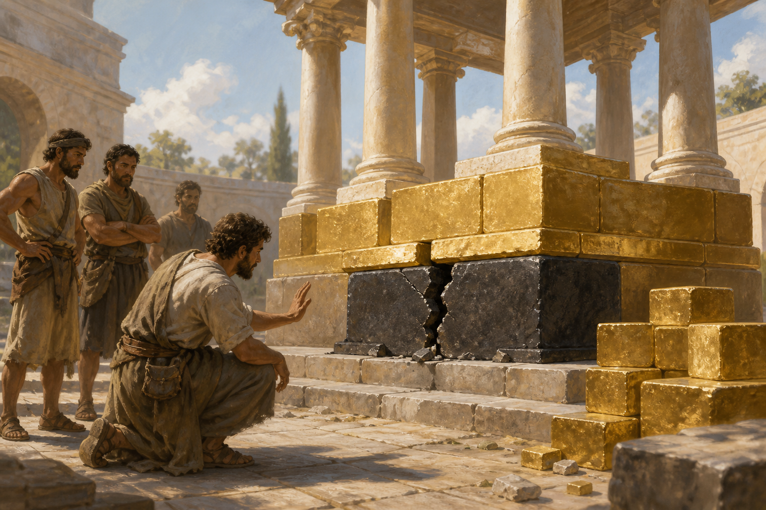 A builder stops construction of a stone pavilion after finding a deeply cracked foundation block beneath stacks of polished golden stones.