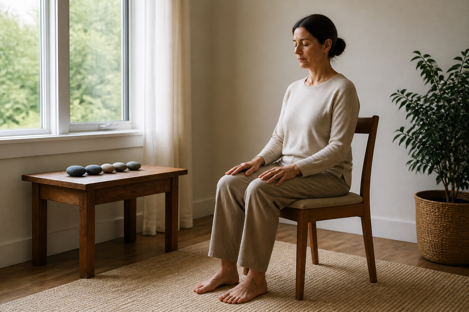 An adult sits with feet flat and hands relaxed on the thighs beside a table holding five smooth stones.