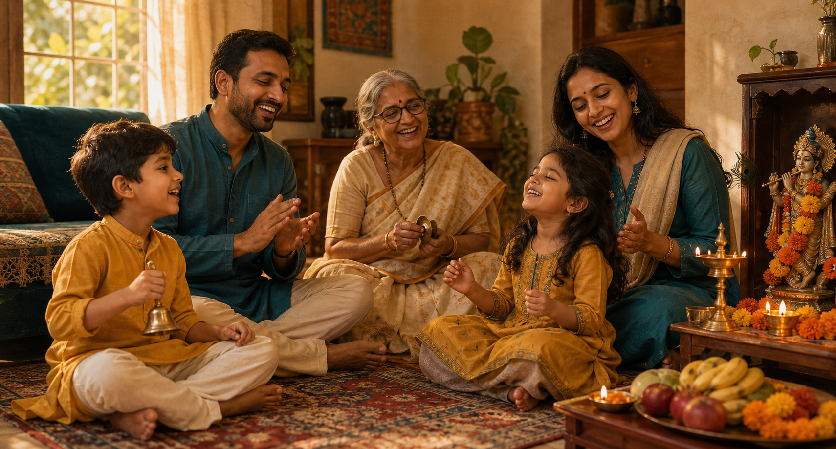 Children, parents, and a grandparent share a devotional song beside a small home shrine with a lit brass lamp and marigolds.