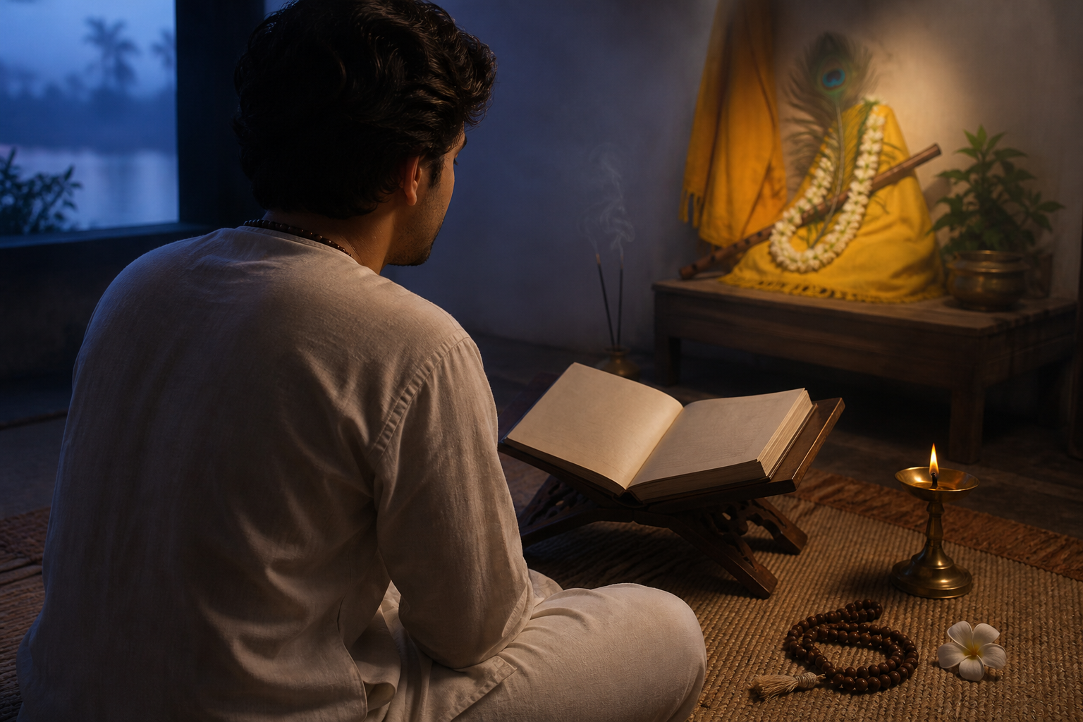 A devotee studies an open sacred book beside prayer beads and an oil lamp in a small home shrine dedicated to Krishna.