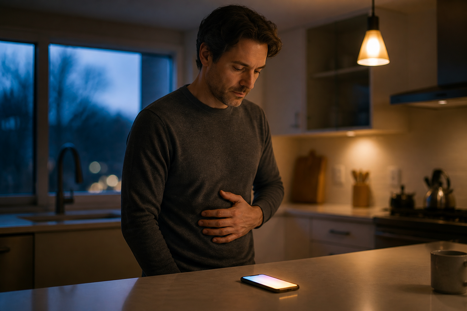 An adult pauses beside a glowing smartphone at a kitchen counter with one hand resting over the lower ribs.