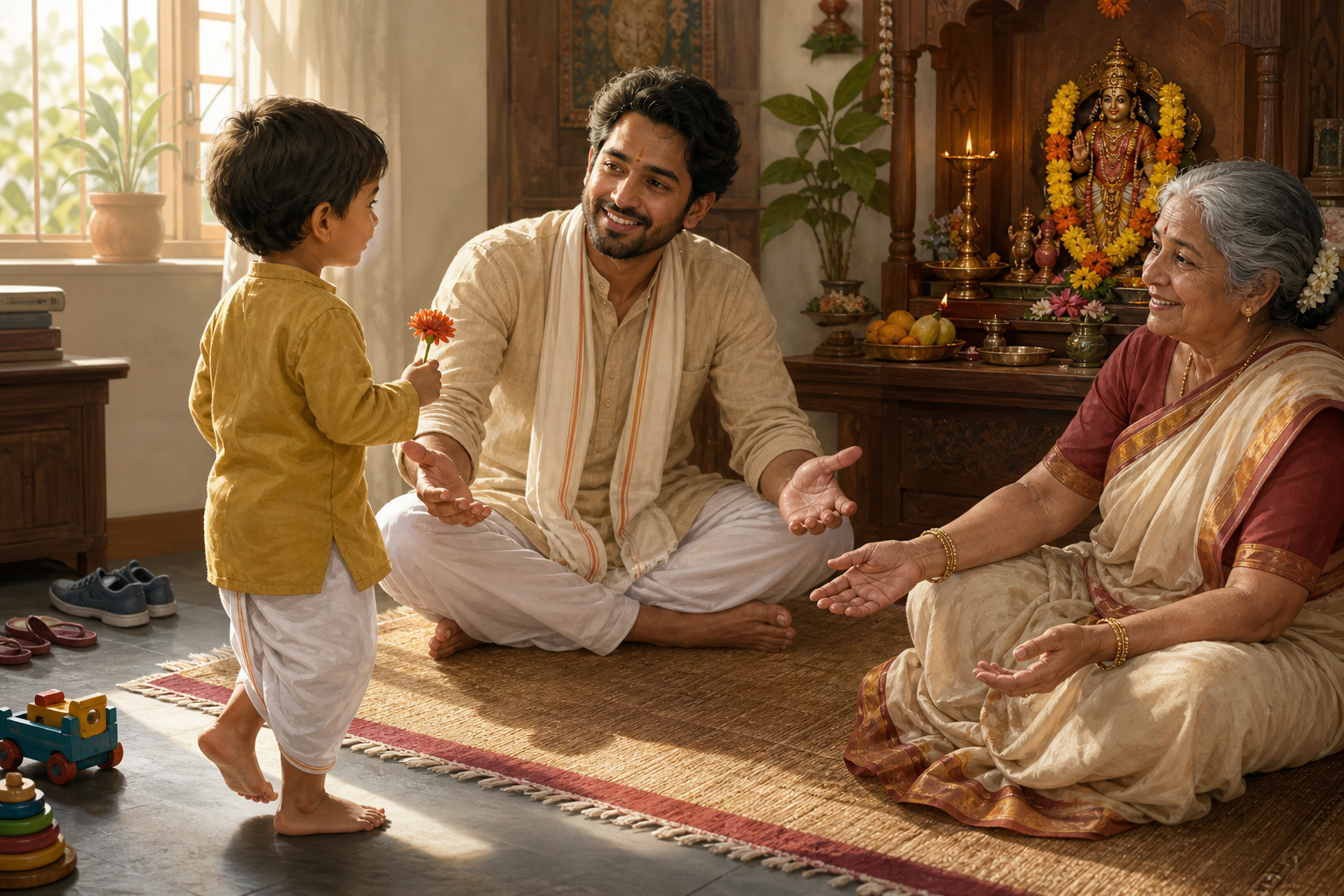 A parent and grandparent welcome a child holding a flower into a family prayer circle beside a home shrine.