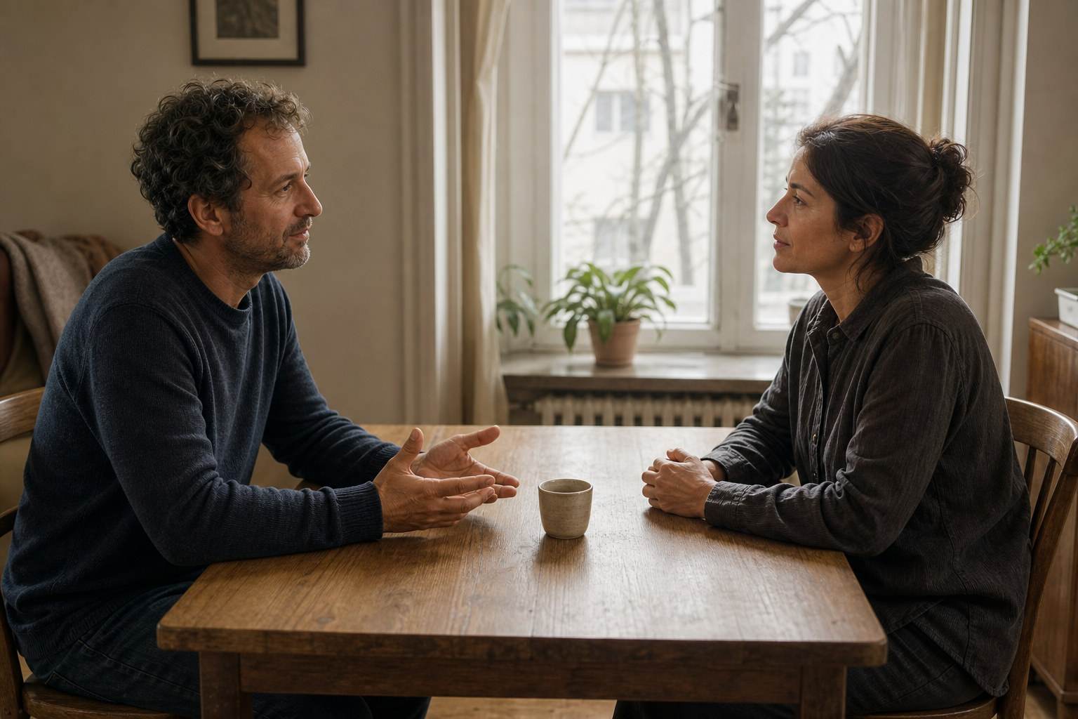 Two adults sit across a wooden table and speak calmly while maintaining attentive eye contact.