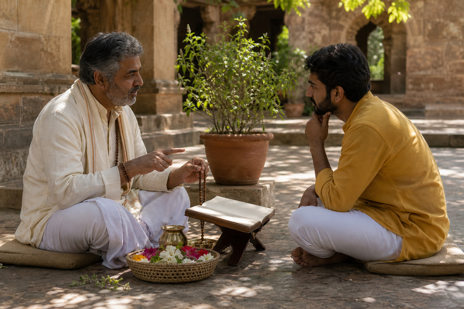 A teacher discusses scripture with a younger devotee beside prayer beads and flowers in a shaded temple courtyard.