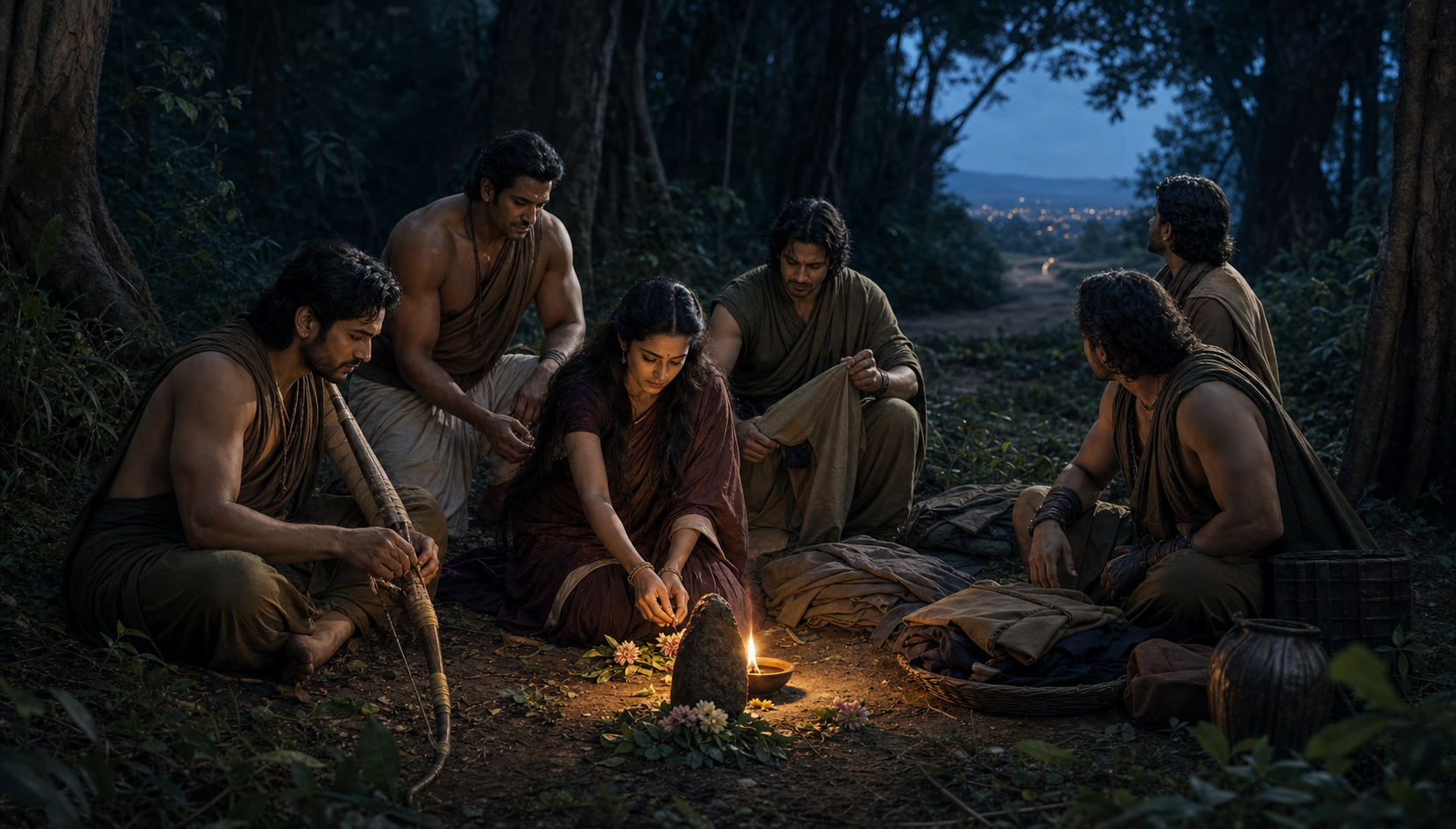 The Pandavas and Draupadi pray around a forest lamp while preparing plain garments and concealing their weapons for the year in Virata.