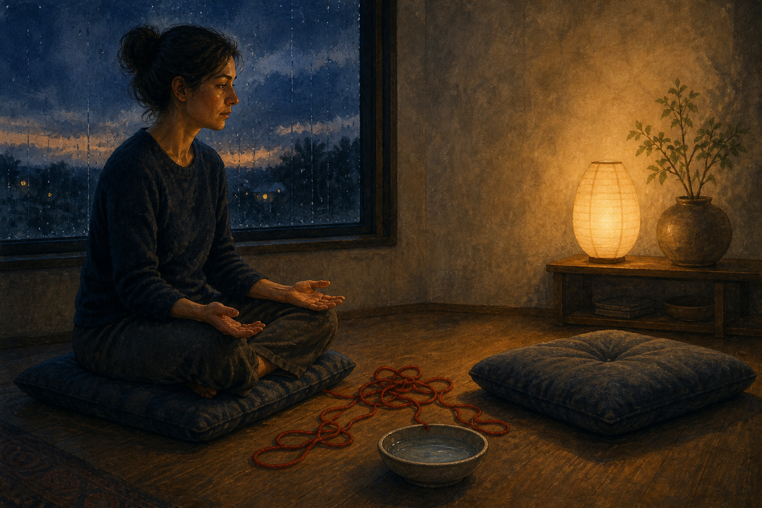 A reflective person sits opposite an empty cushion with a tangled red cord and a bowl of water between them in a lamplit room.