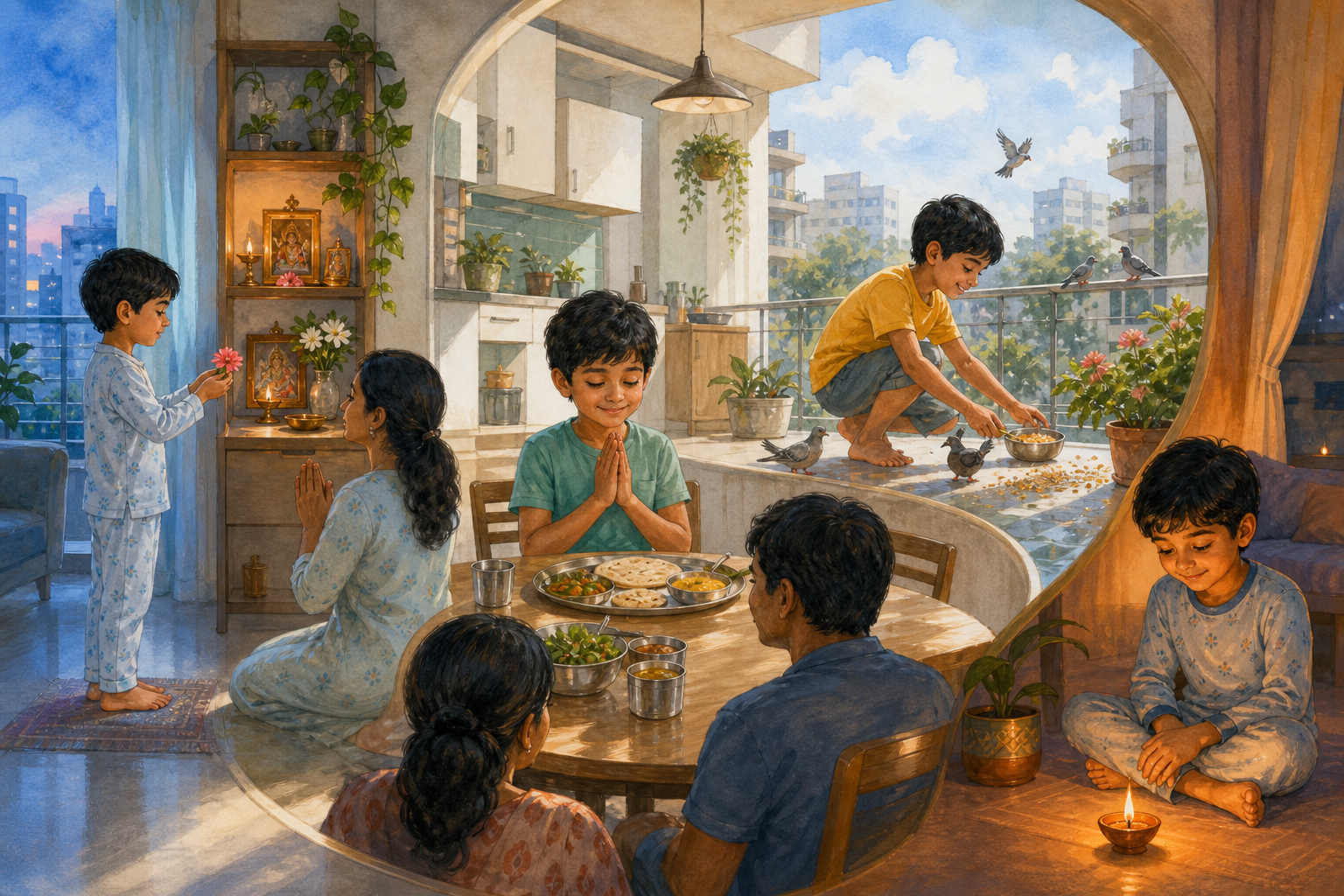 A child offers a flower, pauses before a meal, feeds birds, and sits beside a lamp at different moments of the day.