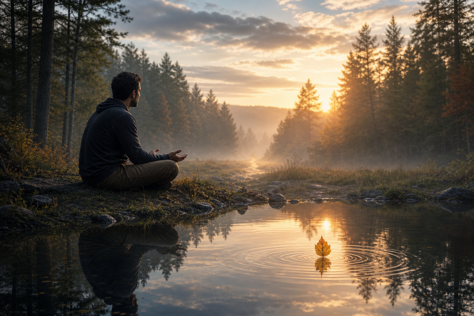 A person sits attentively beside a still forest pool at sunrise as ripples spread from a falling leaf.