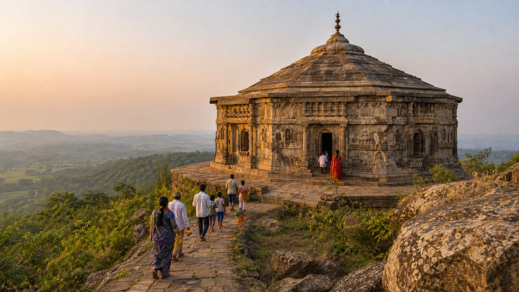 Pilgrims approach the octagonal stone Mundeshwari Temple on a forested Kaimur hill at sunrise.