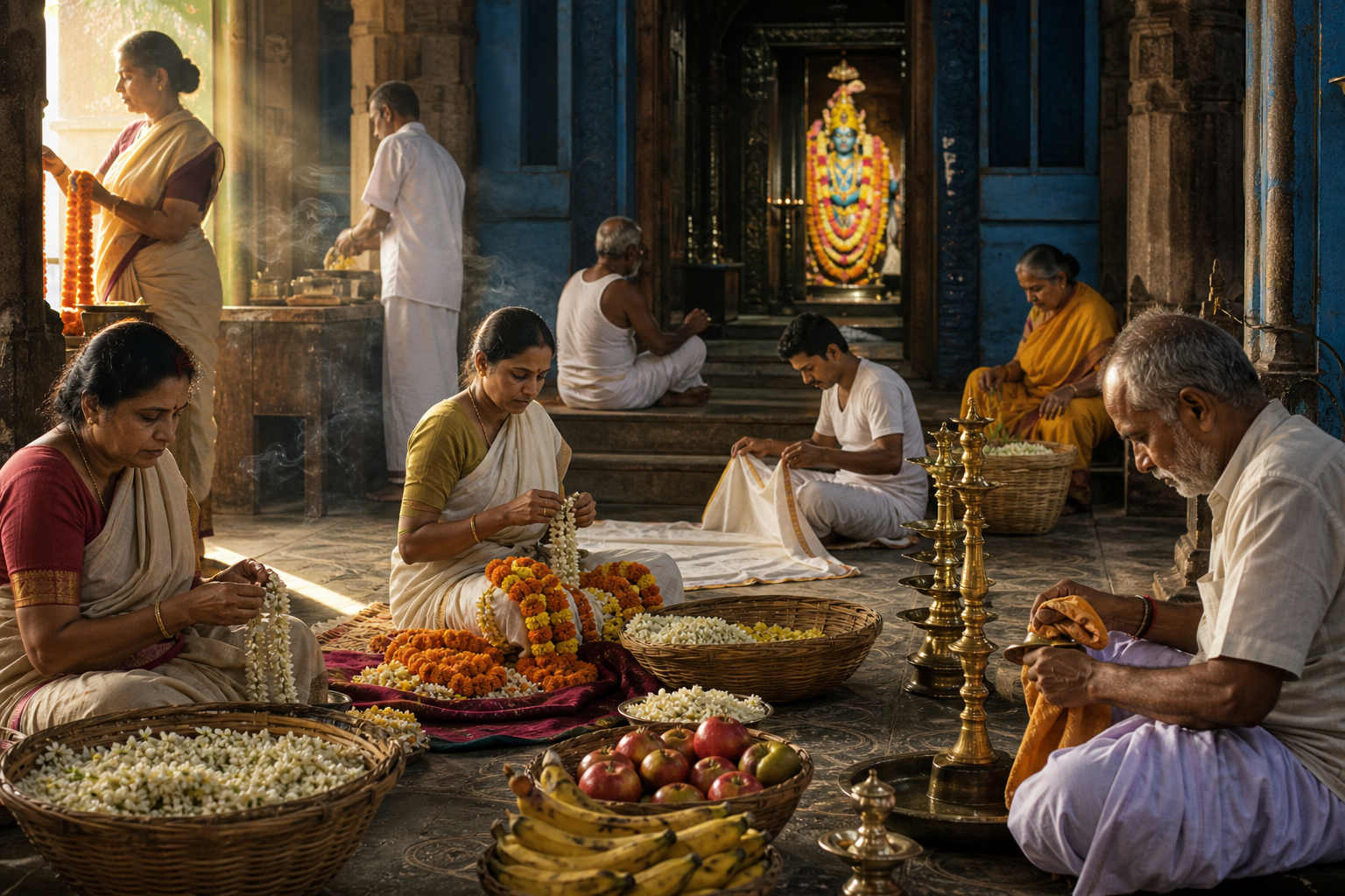 Devotees prepare flower garlands, lamps, altar cloth, and fruit offerings during morning service in a Krishna temple.