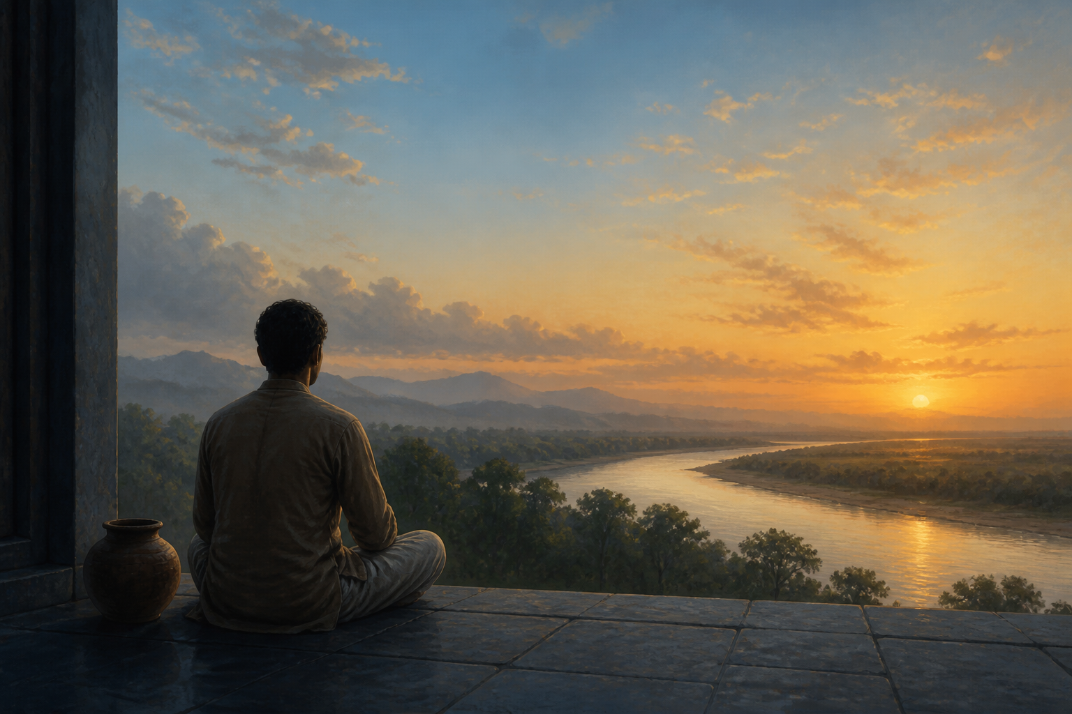 A person sits on a stone terrace between a dark interior and a dawn landscape of trees, river, mountains, and open sky.
