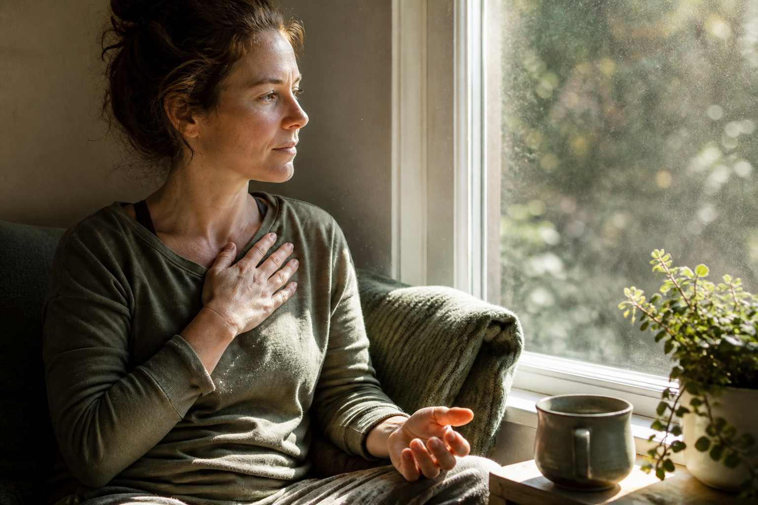 A person pauses by a window with one hand over the chest and the other resting open on the lap.