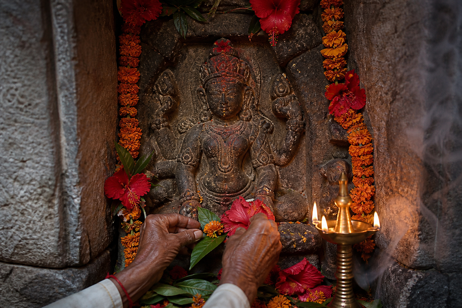 A devotee places flowers before the stone image of Mundeshwari Devi in a lamp-lit temple niche.