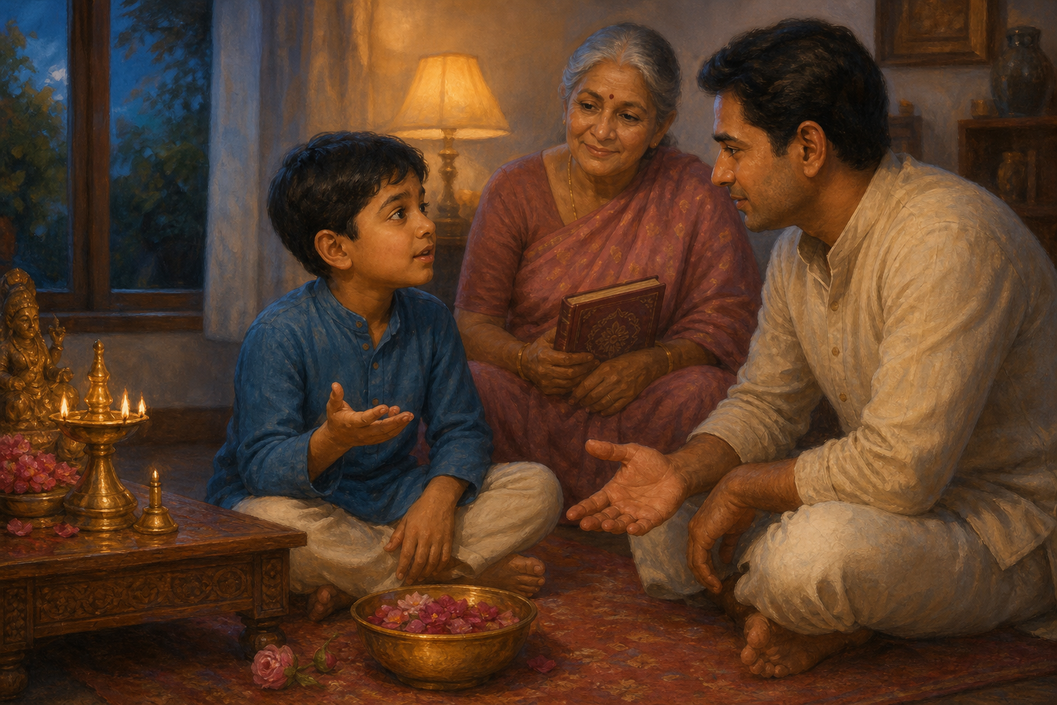A child asks a parent a question beside a prayer lamp while a grandparent listens with a closed storybook nearby.
