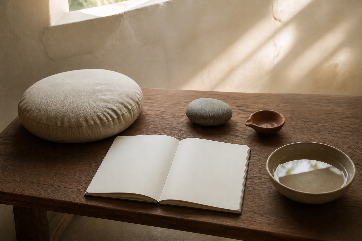 A meditation cushion, blank notebook, river stone, clay lamp, and bowl of water are arranged in a softly lit room.