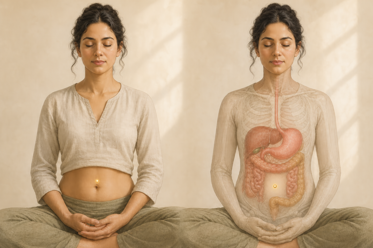 Two matching seated figures contrast a golden point of attention at the navel with a separate view of the abdominal organs.