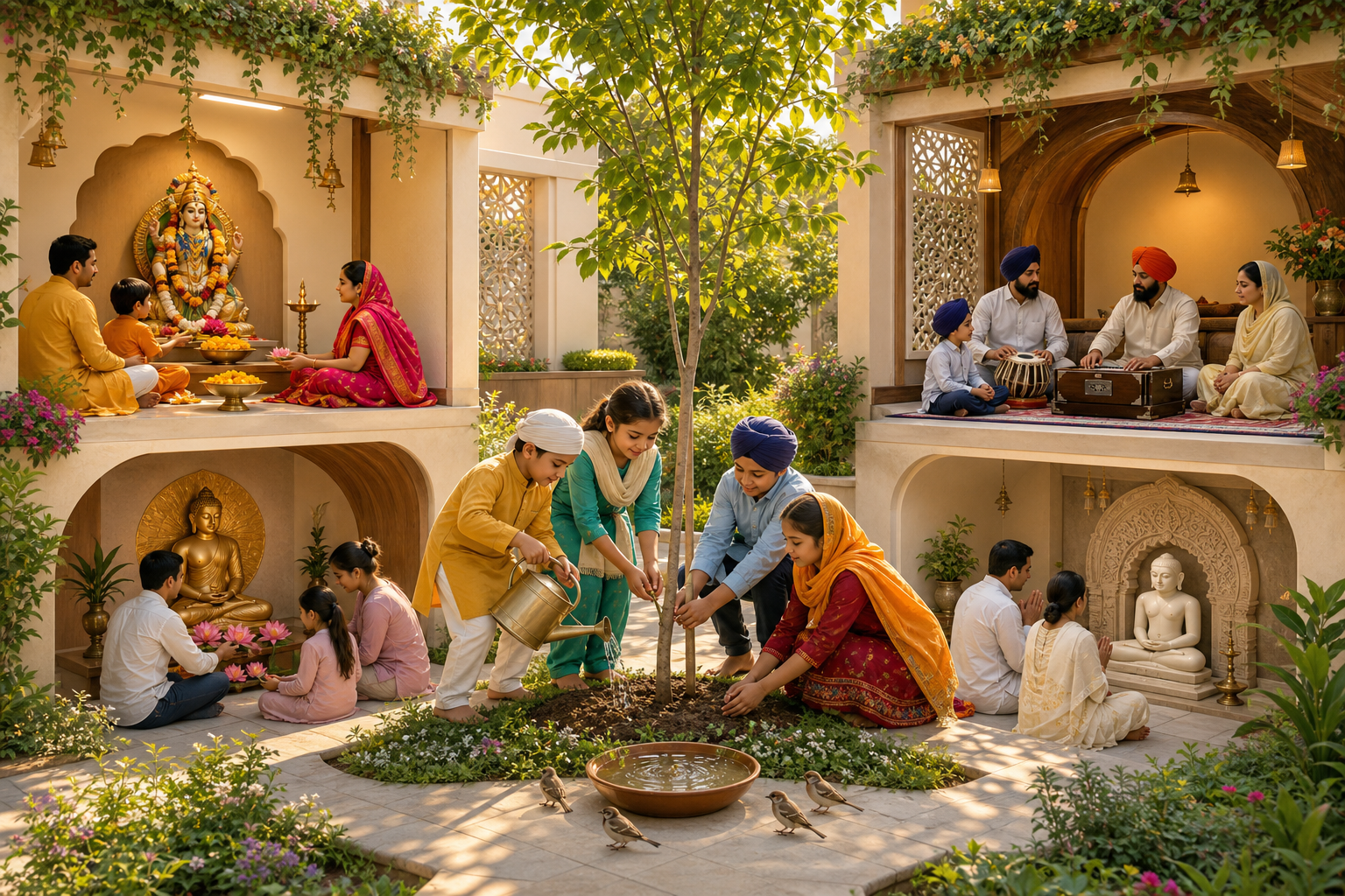 Hindu, Sikh, Buddhist, and Jain families practice in separate courtyard alcoves while their children water a tree and leave water for birds.