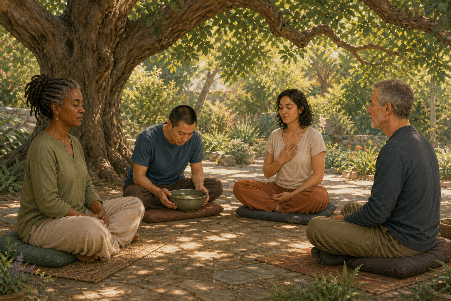 Four adults practice quiet reflection together in a loose circle beneath a large garden tree.