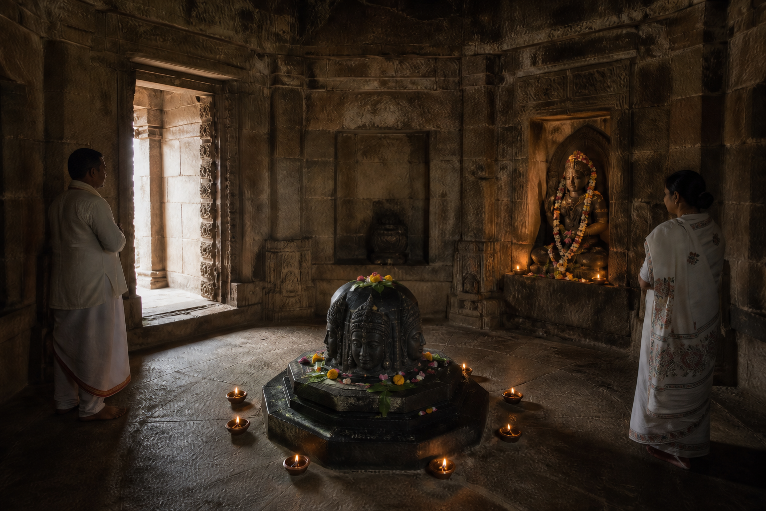 The stone sanctum contains a multi-faced Shiva linga at its center and the image of Mundeshwari Devi in a wall niche.