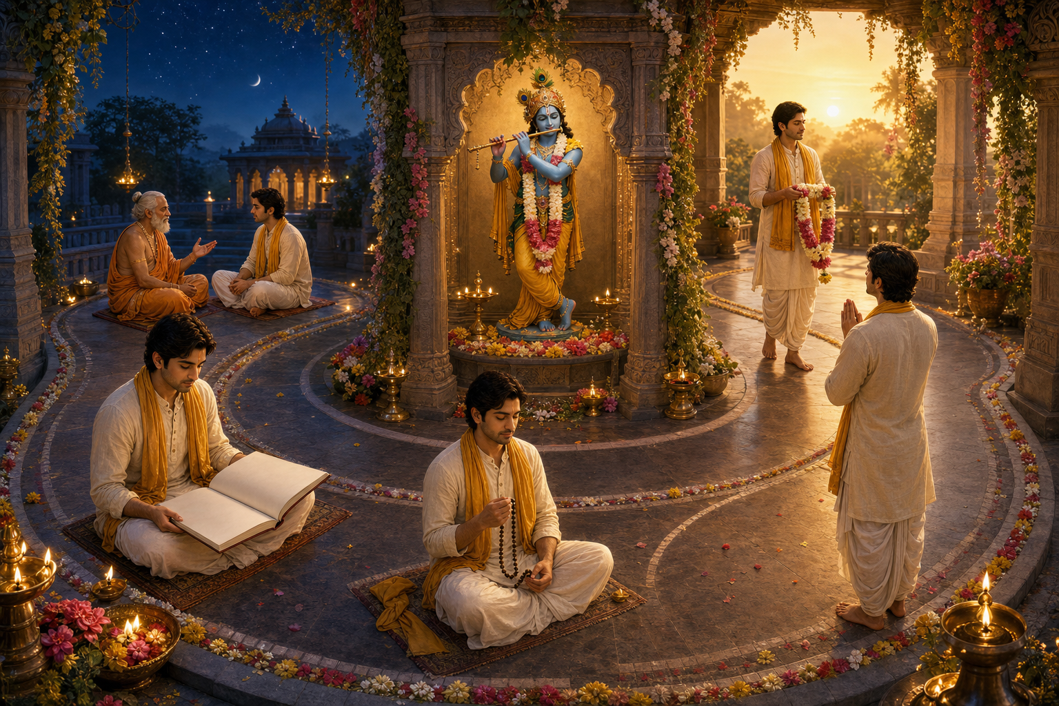 One devotee moves through reading, listening, chanting, flower service, and darshan around a central Krishna shrine.