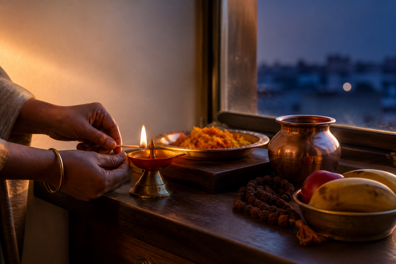 Hands lighting a brass oil lamp on a simple home altar as late-afternoon light gives way to blue evening outside.