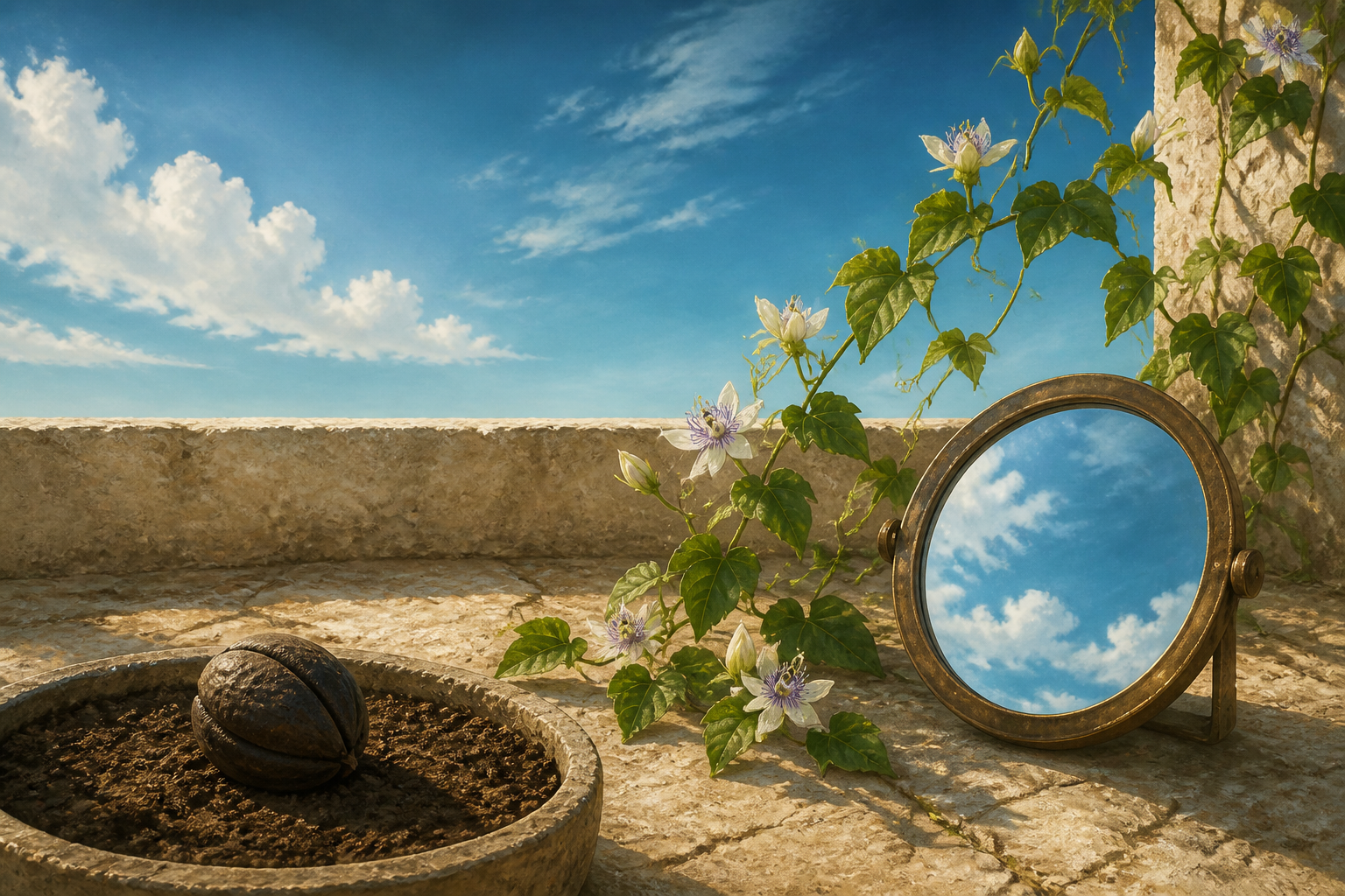 A courtyard still life contains a closed seed pod, a flowering vine, a bronze mirror reflecting the sky, and an open horizon beyond the wall.