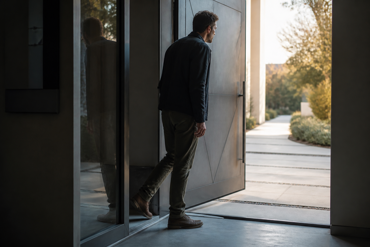 A person pauses thoughtfully at a doorway before stepping from a shadowed room into a bright walkway.