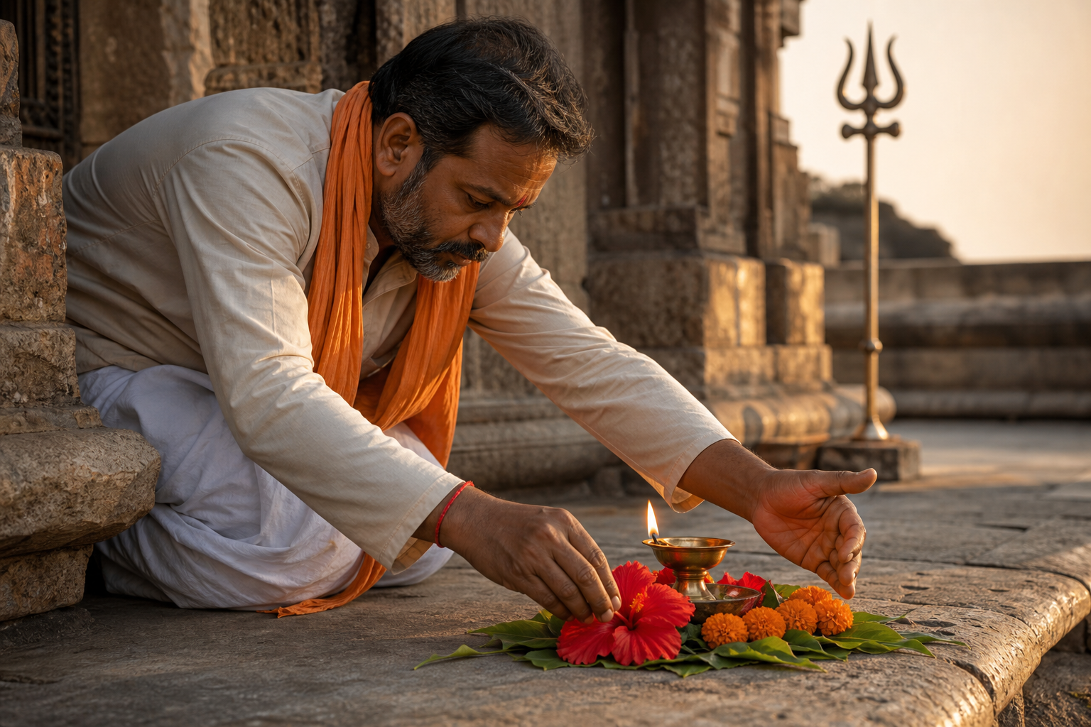 A devotee shields an oil-lamp flame while arranging flowers on a stone temple threshold.