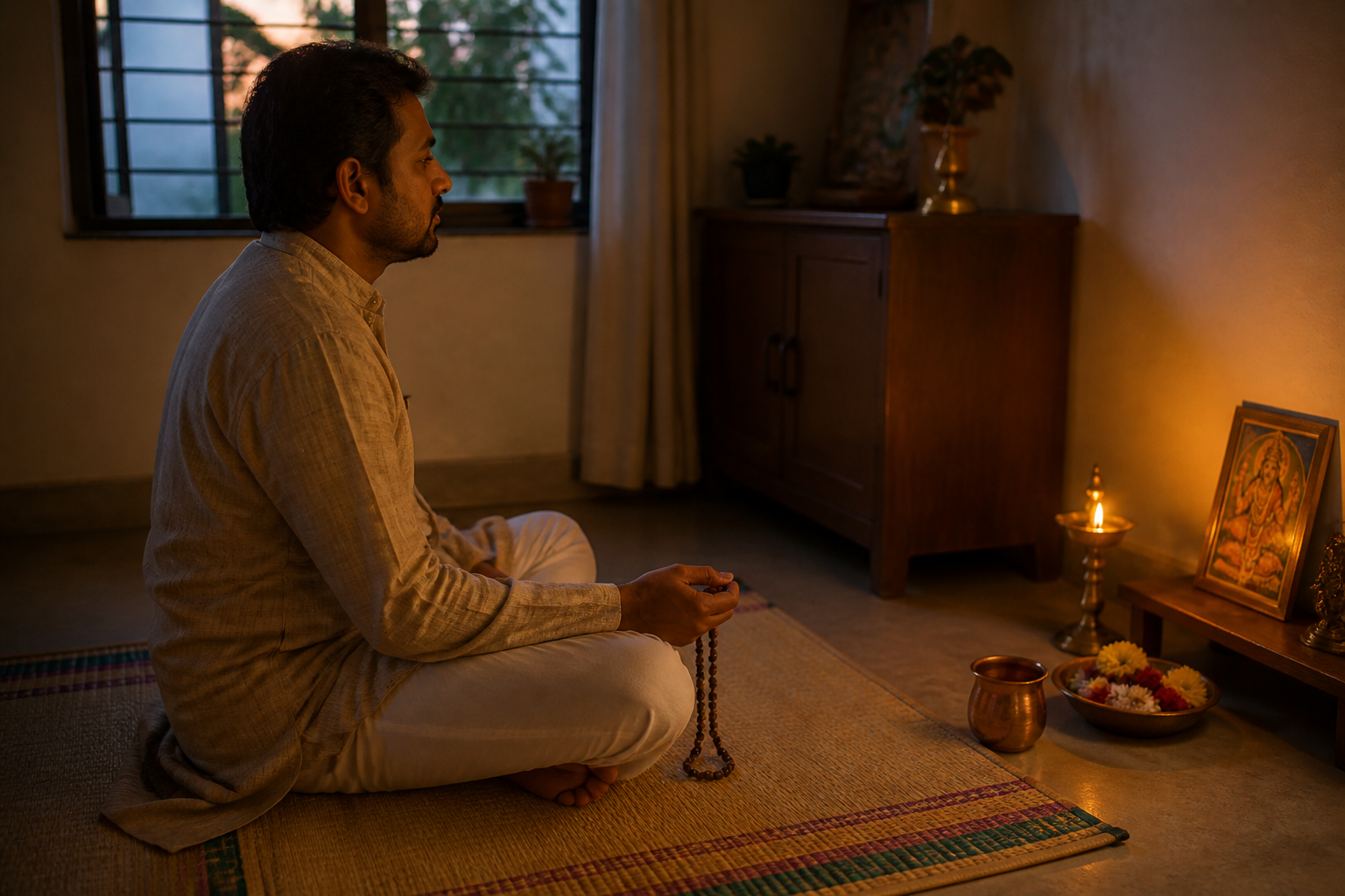 A person seated with prayer beads before a small oil lamp in a home prayer corner as daylight fades.