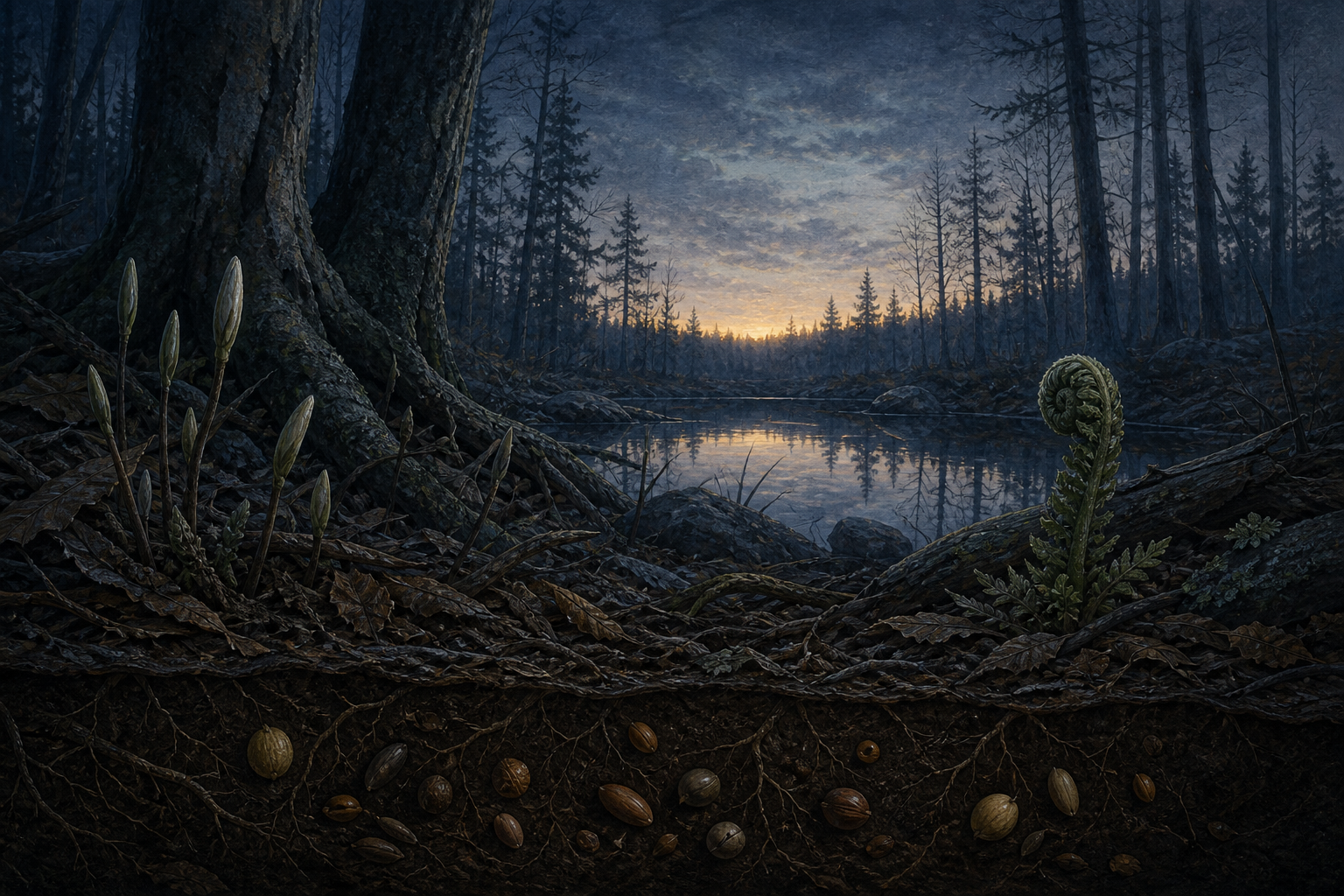 A dim forest clearing before sunrise contains visible roots, seeds, closed buds, a folded fern, and a still pond.