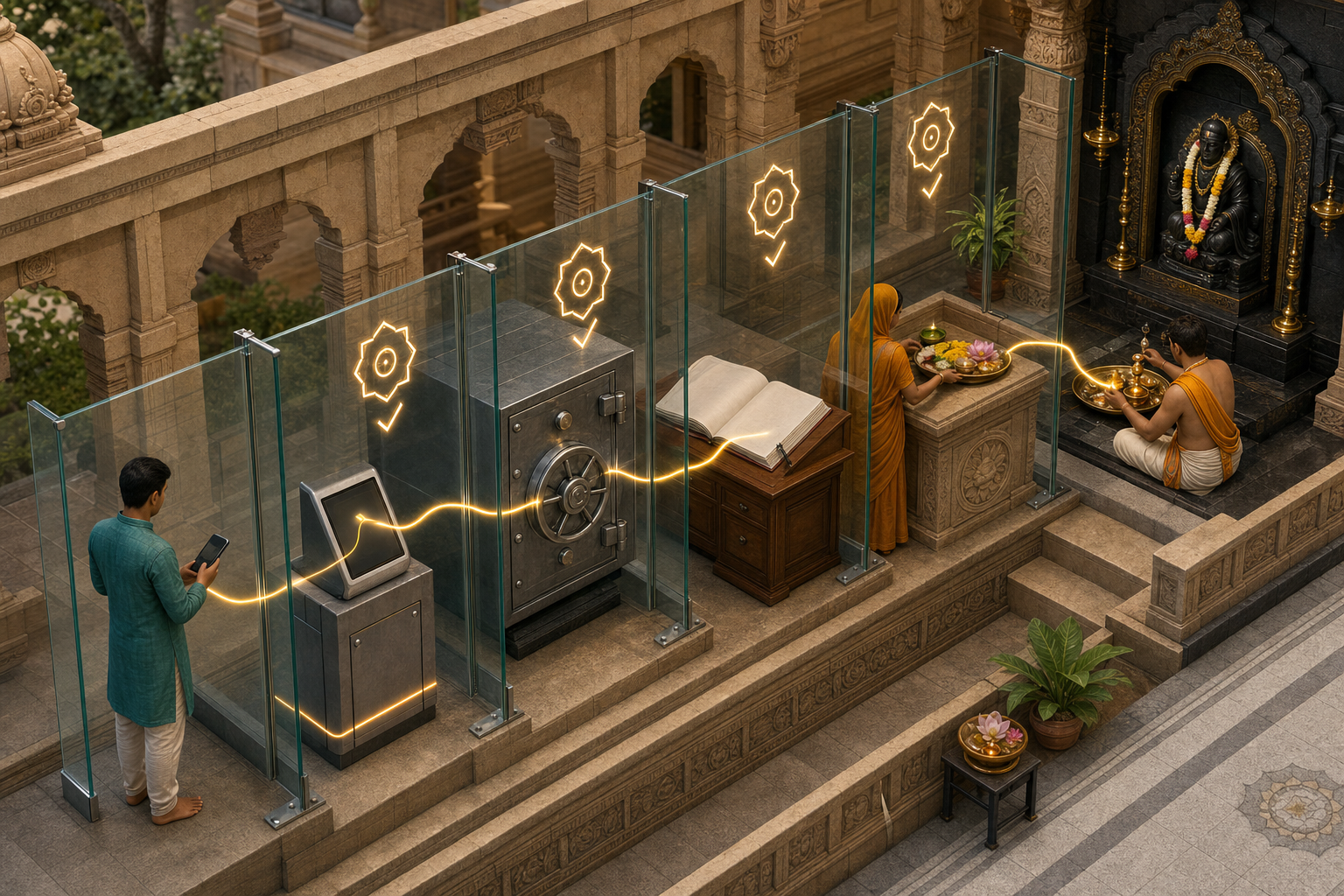 An isometric scene connects a devotee's phone, payment gateway, bank vault, temple ledger, offering counter, and puja tray with a continuous verified path.