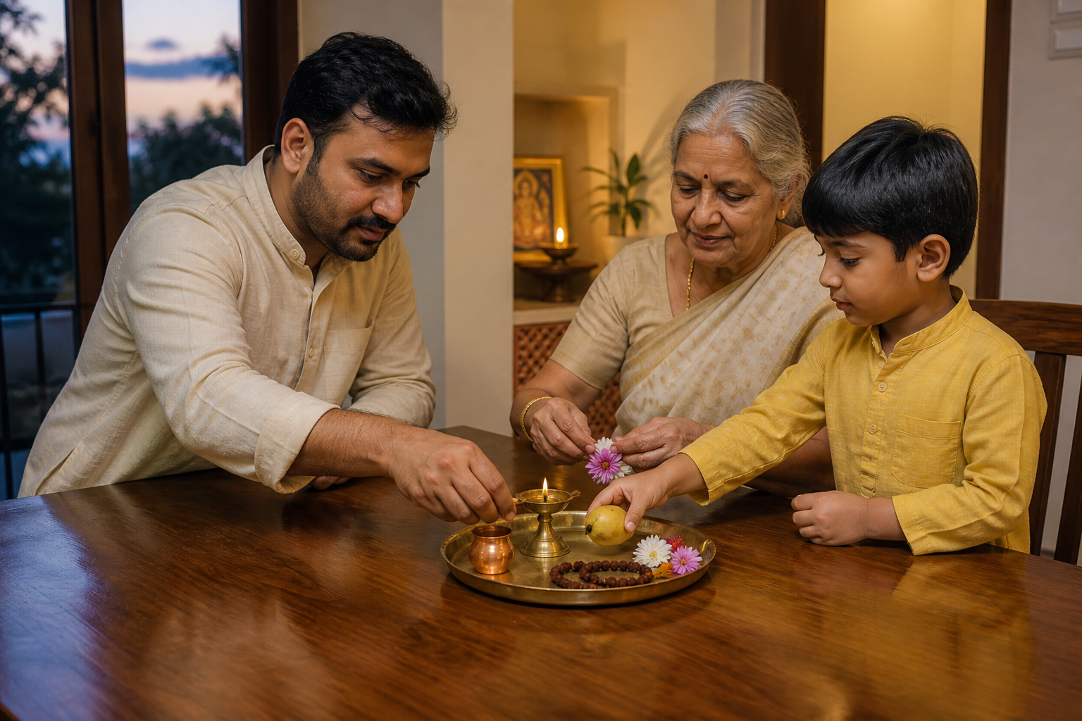 Three family members preparing a small puja tray with an oil lamp, flowers, fruit, a copper cup, and prayer beads.