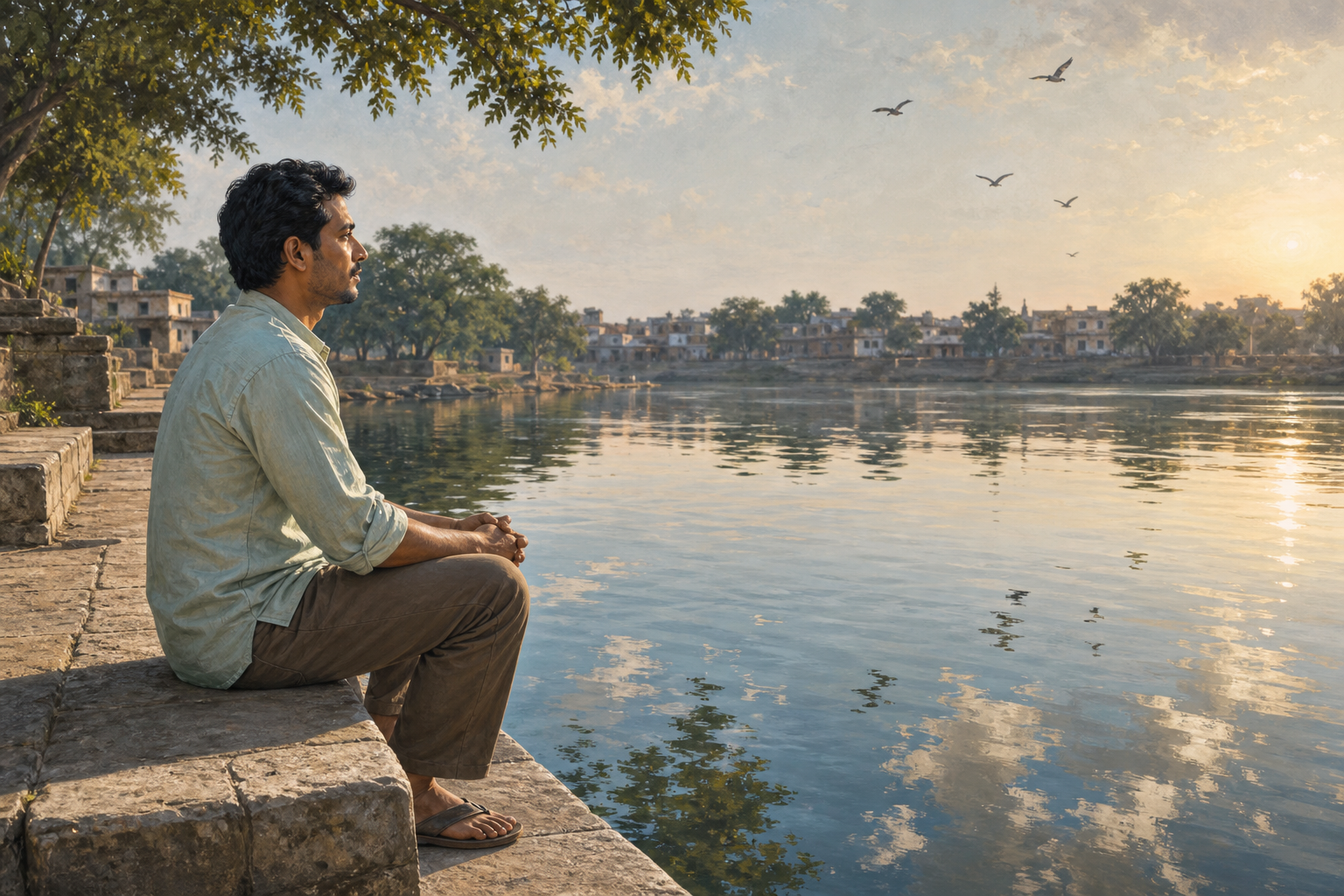 A person sits with open eyes on a stone step beside a river carrying reflections of clouds, leaves, birds, and sunlight.
