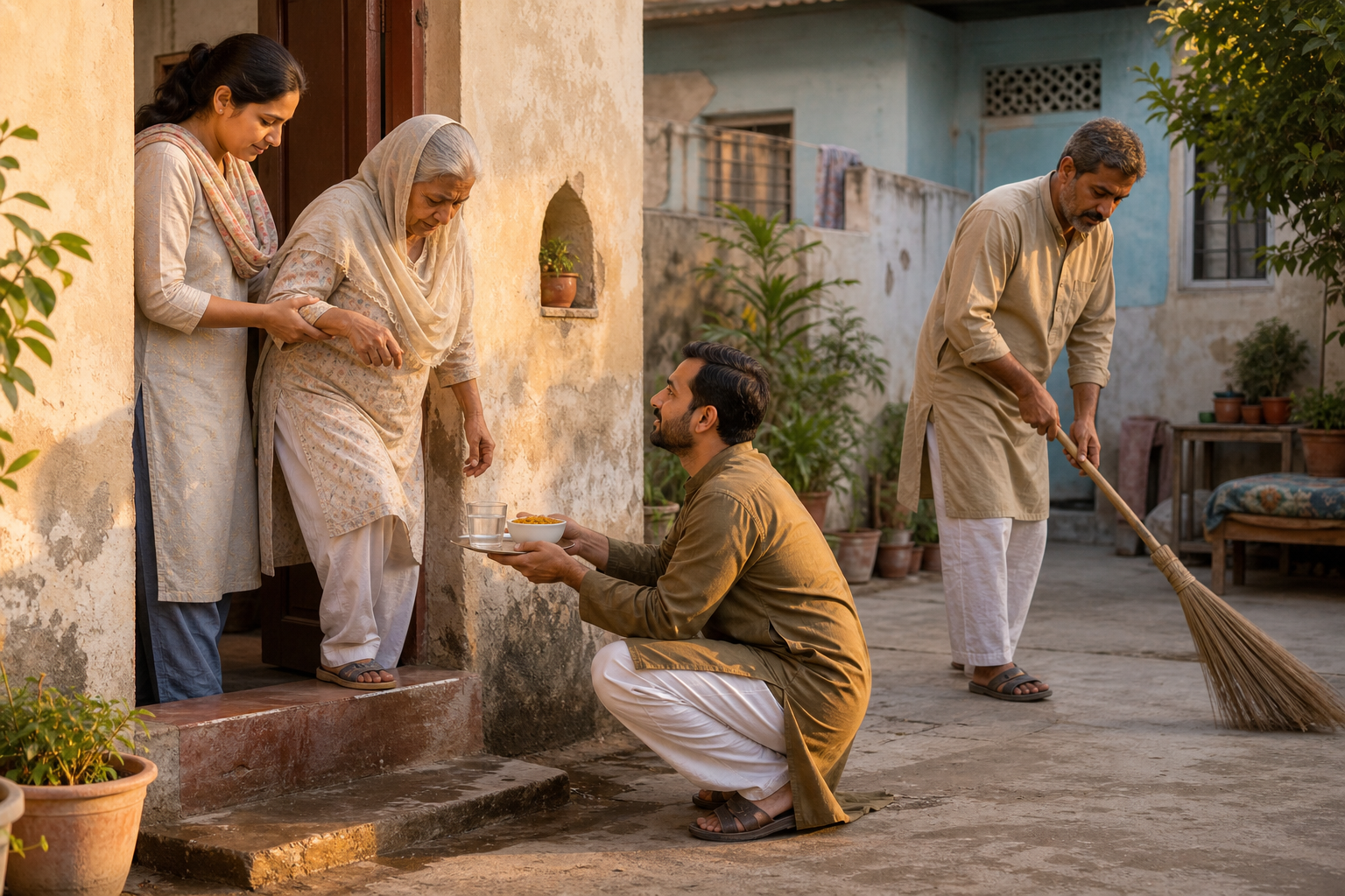 Several people in a neighborhood courtyard help an older person, offer food and water, and sweep a shared walkway.