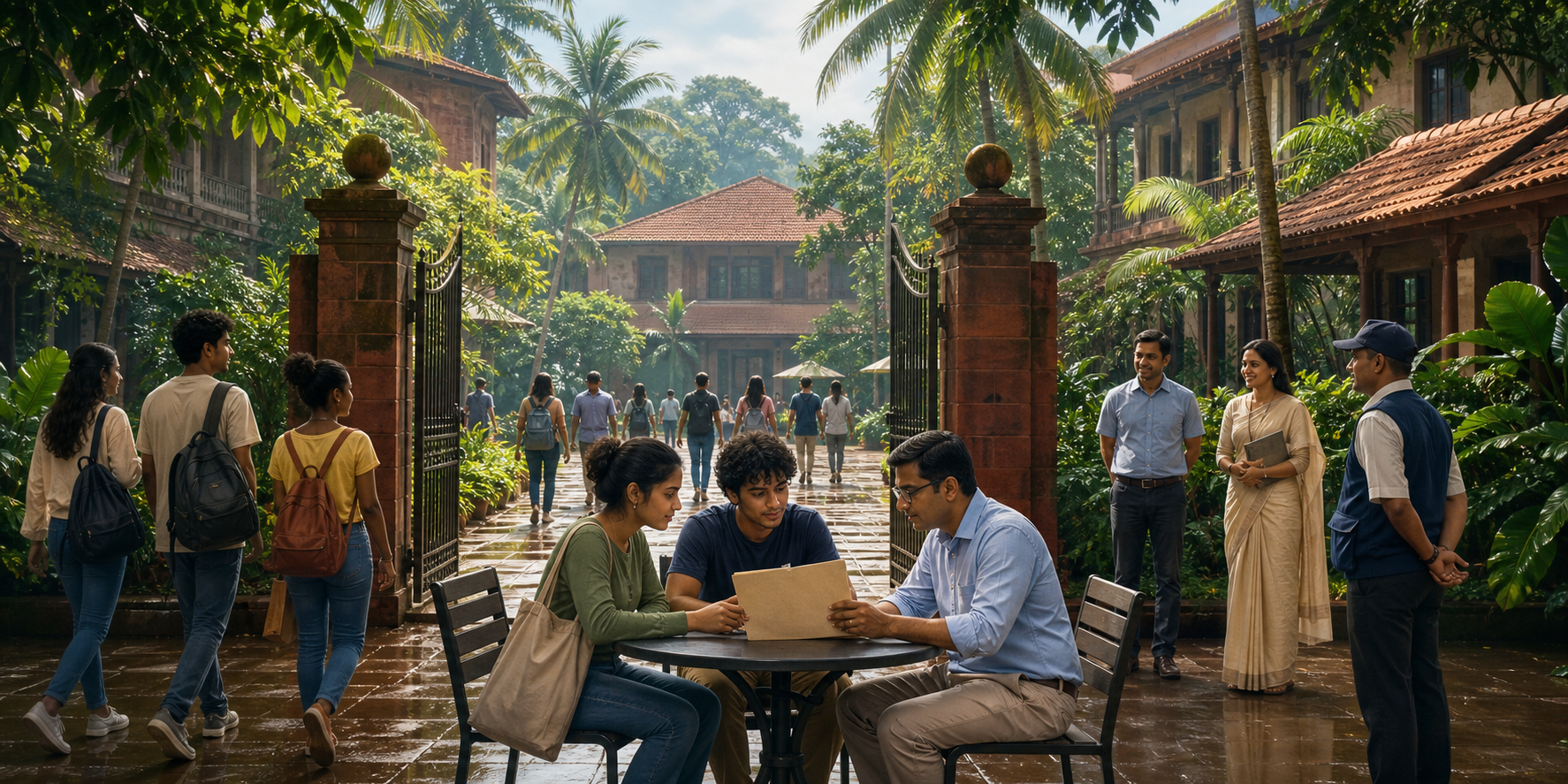 Students enter an open laterite-stone campus in Goa while an administrator reviews a folder at a courtyard table and a safety officer stands in the background.