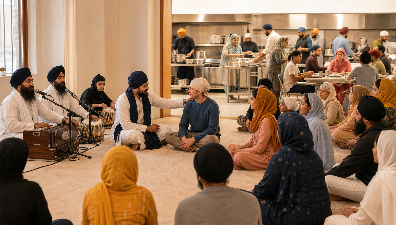 A congregation with covered heads listens to Sikh musicians playing harmonium and tabla while volunteers prepare and serve langar in an adjoining gurdwara space.