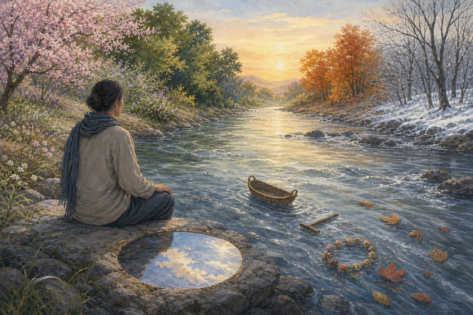 A seated person watches a river flow through a landscape that shifts from spring blossoms to winter branches, with a still reflection of the sky beside them.