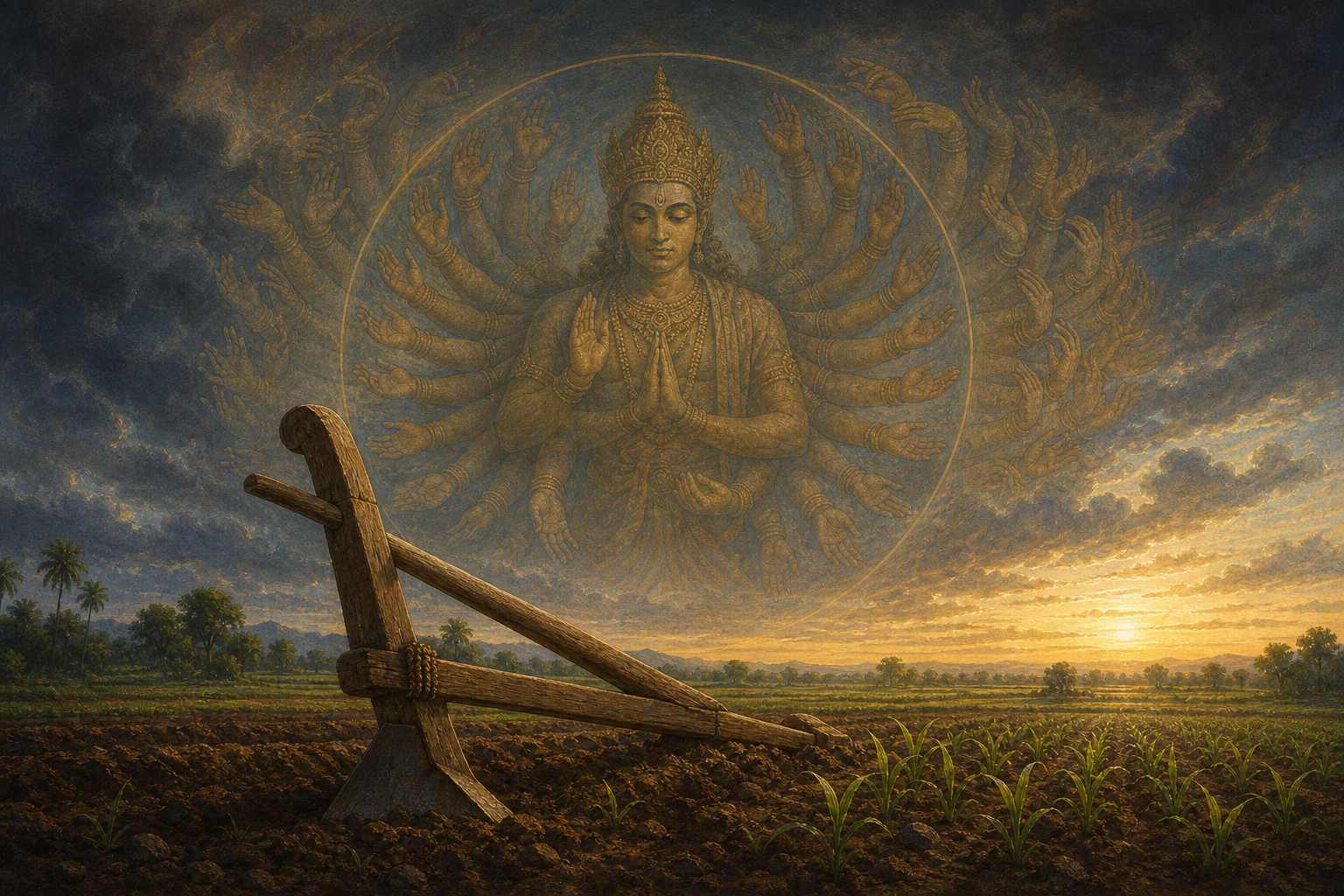 A wooden plough lies beside green shoots while the silhouette of a crowned mythic ruler spreads many arms beneath a clearing dawn sky.
