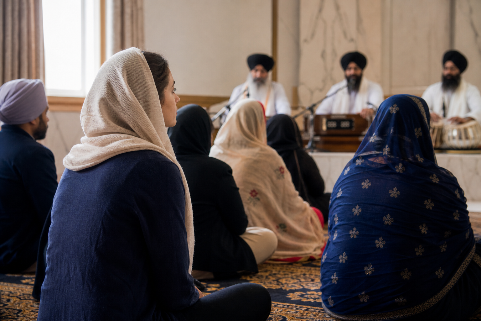 A visitor with a covered head sits attentively among congregants while musicians perform shabad kirtan with harmonium and tabla.