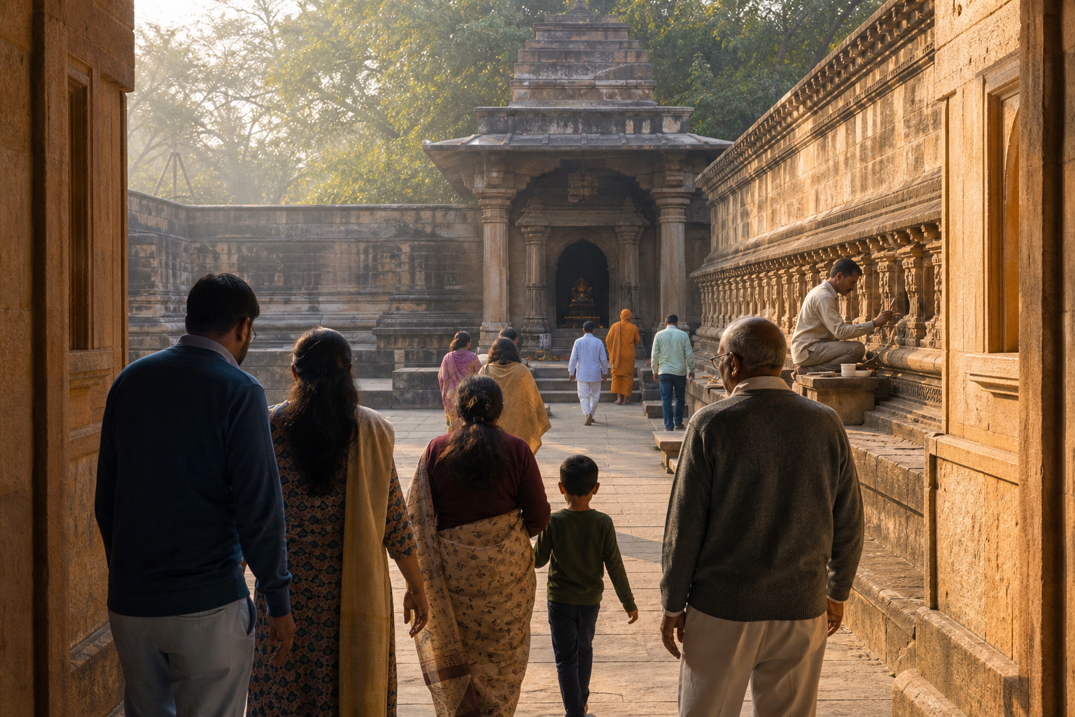 Visitors pause respectfully at the entrance to a historic sandstone sacred complex while worshippers and a site conservator continue their activities inside.