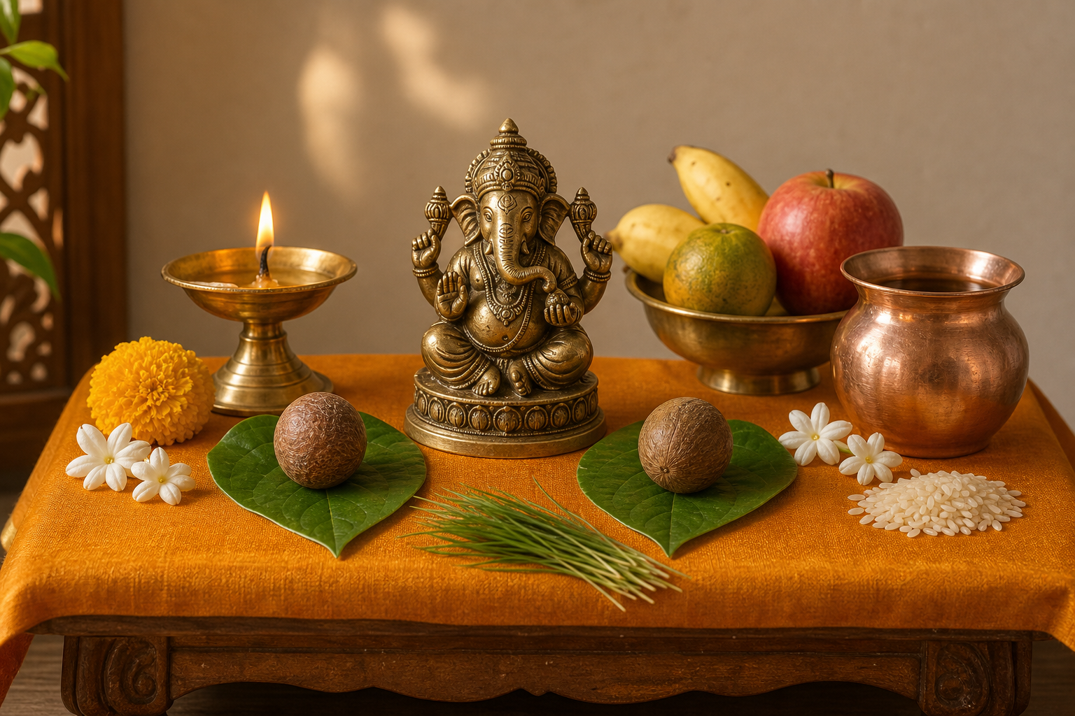 A home Ganesha altar with two whole areca nuts on betel leaves placed on opposite sides of a brass Ganesha murti.