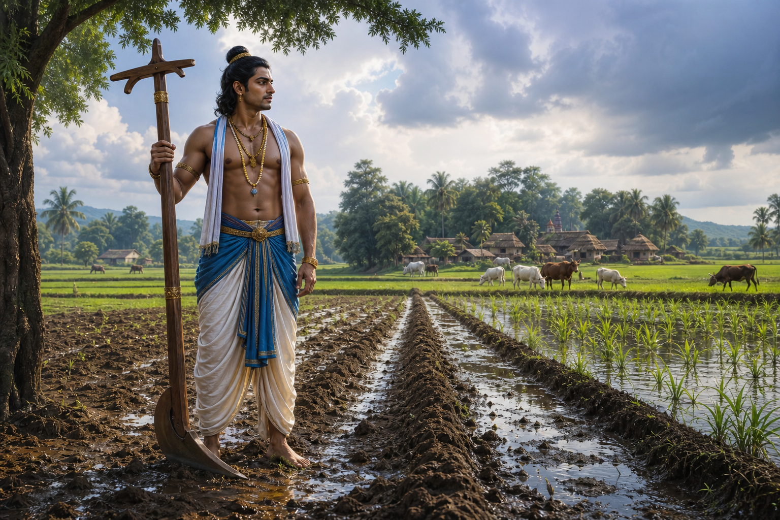 Balarama stands calmly with an upright plough beside rain-darkened furrows, crops, cattle, and a distant village.