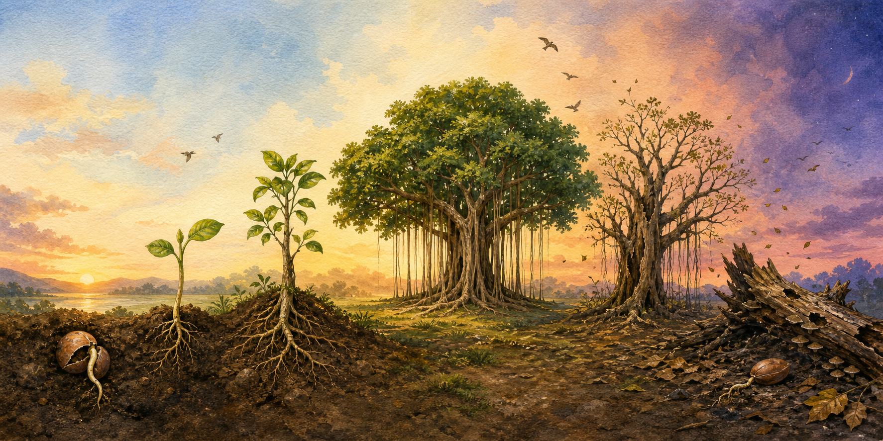 Six stages of one tree extend across a landscape, from a germinating seed and sapling to maturity, decline, and a fallen trunk returning to the soil.