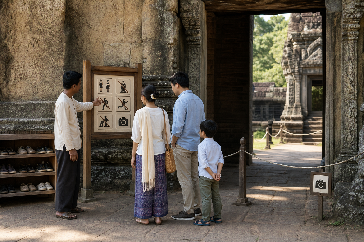 A site attendant shows two adults and a child an icon-based guidance panel beside the entrance to a protected stone site.