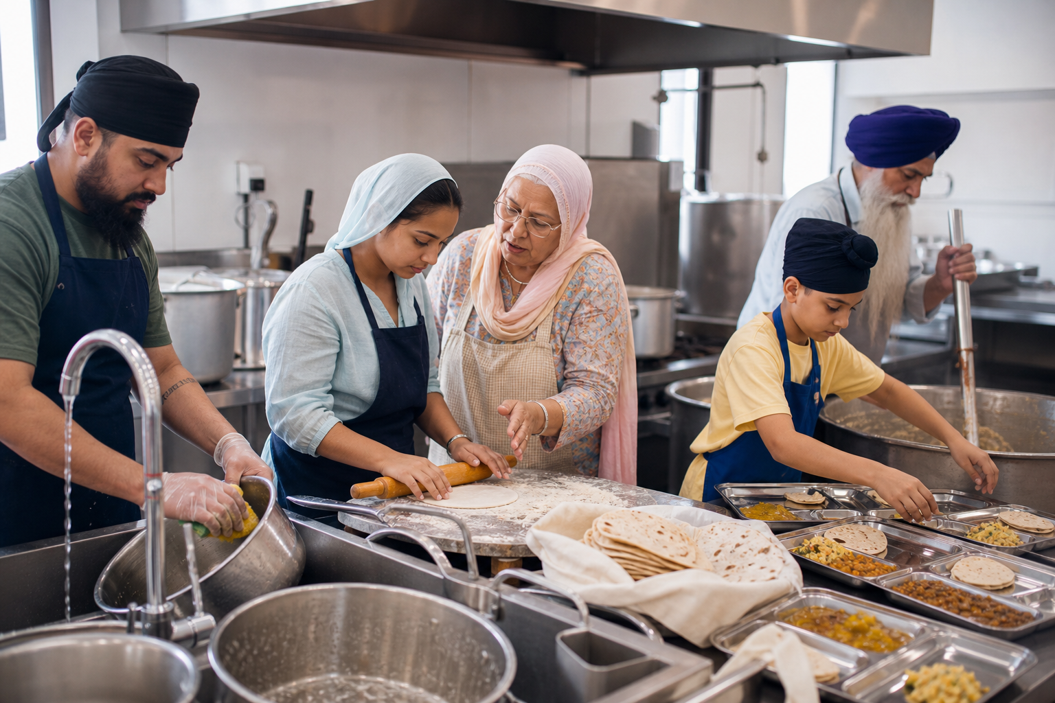Volunteers with covered heads wash vessels, prepare flatbread, and arrange food together in a gurdwara langar kitchen.