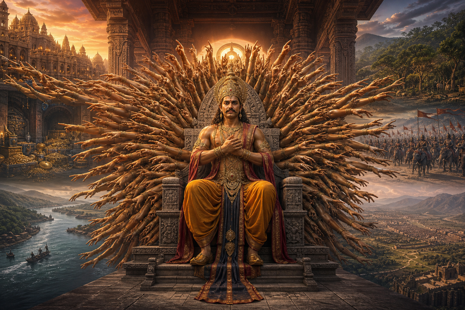 A crowned mythic king sits on a stone throne as vast tiers of arms reach outward toward a palace, land, wealth, and an army.