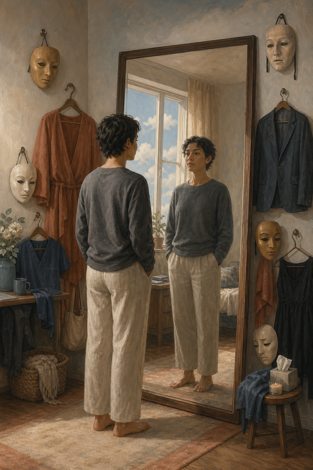 A person looks into a clear mirror while several masks and different items of clothing hang nearby, suggesting changing moods and social roles.